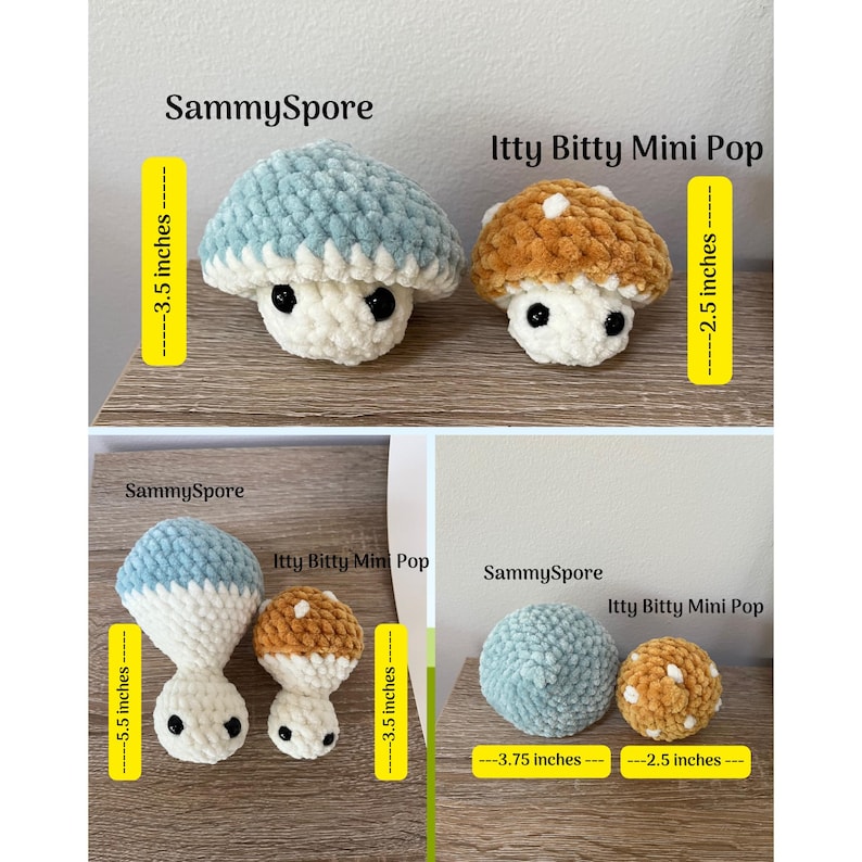 Puede incluir: Dos juegos de peluches de setas de ganchillo en diferentes tama&ntilde;os. Las setas m&aacute;s grandes miden 8,9 cm de alto y las m&aacute;s peque&ntilde;as 6,4 cm. Las setas est&aacute;n hechas con hilo azul y marr&oacute;n y tienen caras blancas con ojos negros.