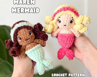 May include: Two plush crochet mermaid dolls with the text Maren Mermaid and Crochet Pattern by Cable + Canvas. One doll has dark brown hair with a mint headband and tail, the other has blonde hair with a pink headband and tail.