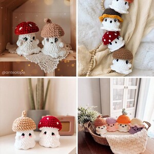 May include: A collection of handmade crochet mushroom figures in various colors. The mushrooms have white bodies and different colored caps, including red with white spots, brown, and orange. Some are displayed on a shelf, while others are in a basket.