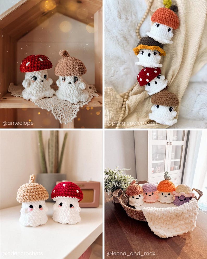 May include: A collection of handmade crochet mushroom figures in various colors. The mushrooms have white bodies and different colored caps, including red with white spots, brown, and orange. Some are displayed on a shelf, while others are in a basket.