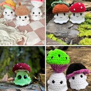 May include: A collection of handmade crochet mushroom figures in various colors and styles. The mushrooms feature white bodies with different colored caps, including red with white spots, brown, and pink. Each mushroom has a smiling face.