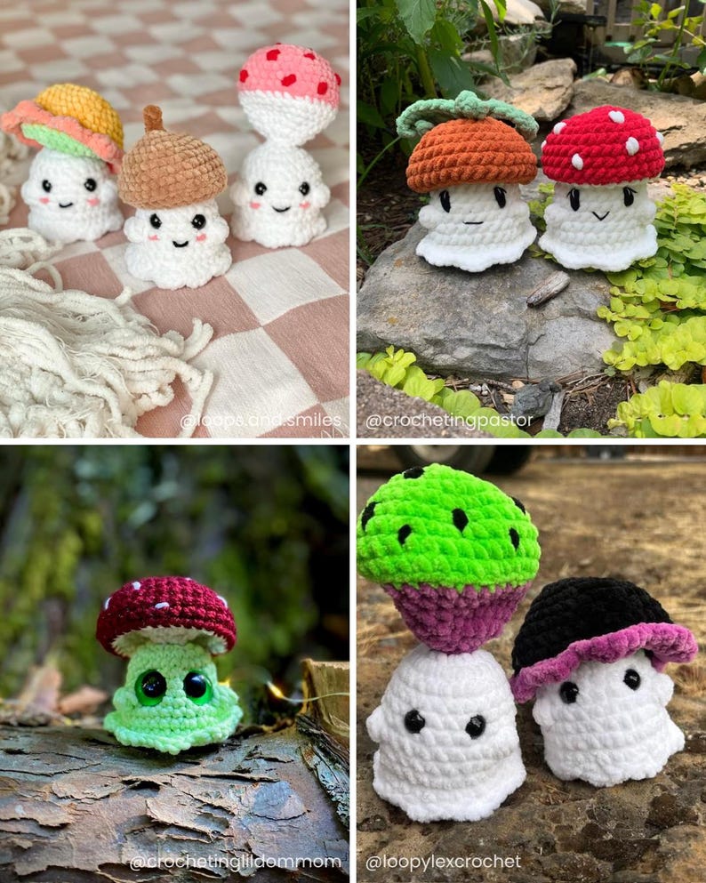 May include: A collection of handmade crochet mushroom figures in various colors and styles. The mushrooms feature white bodies with different colored caps, including red with white spots, brown, and pink. Each mushroom has a smiling face.