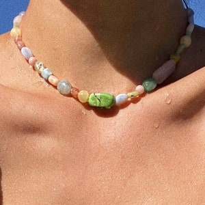 Vibrant Gemstone Crystal Choker: Natural Rainbow Beaded Necklace - Boho Rainbow Jade Morganite Jewelry | Colorful Crystal Bead Choker