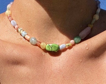 Vibrant Gemstone Crystal Choker: Natural Rainbow Beaded Necklace - Boho Rainbow Jade Morganite Jewelry | Colorful Crystal Bead Choker