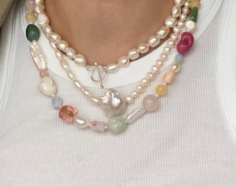 handmade freshwater pearl stacking necklace | irregular gemstone strand pendant | pearl statement necklace | colorful gem stacking necklace