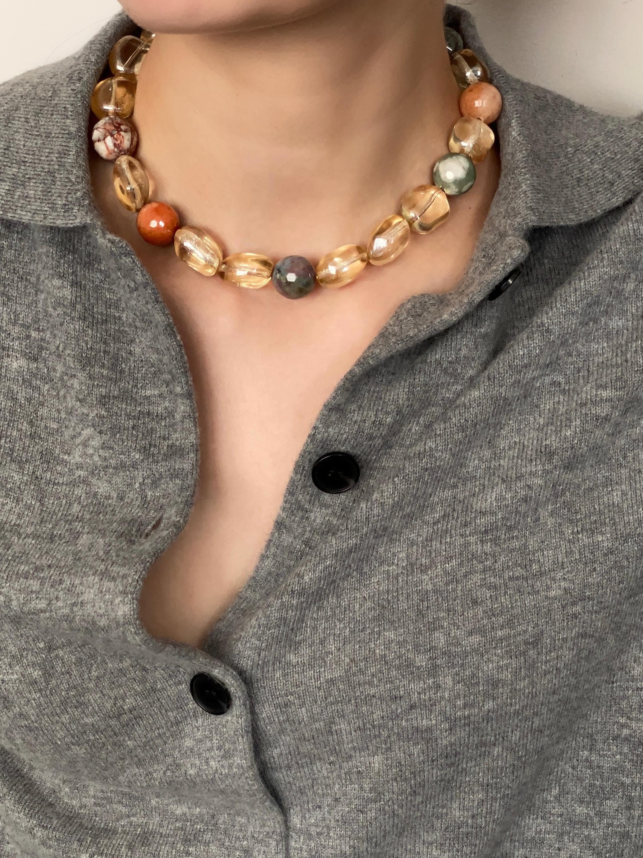colorful gemstone necklace | irregular gemstone choker | glass bead choker necklace | citrine crystal gemstone necklace | boho gem necklace