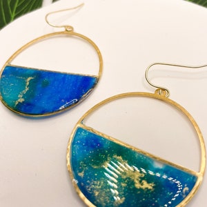 blue watercolor, brass hoop earrings, half hoop earrings, wedding gift for her, beach gift for bride, statement earrings gold, nickel free