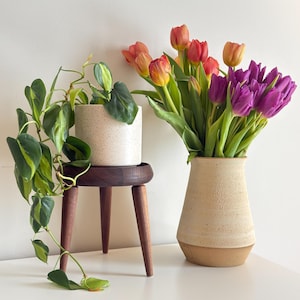 Peut inclure: Un petit support de plante en bois avec une plante en pot et un vase de tulipes. Le support de plante a trois pieds et une finition marron foncé. Le vase est beige et contient un bouquet de tulipes orange, jaune et violettes.