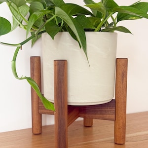 May include: A houseplant with lush green foliage in a cream ceramic pot. The pot is displayed on a dark brown wooden plant stand. The stand features four vertical supports and a cross-shaped base, offering a modern, minimalist design.