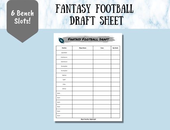 Fantasy Football Draft Sheet Digital and Printable Draft 