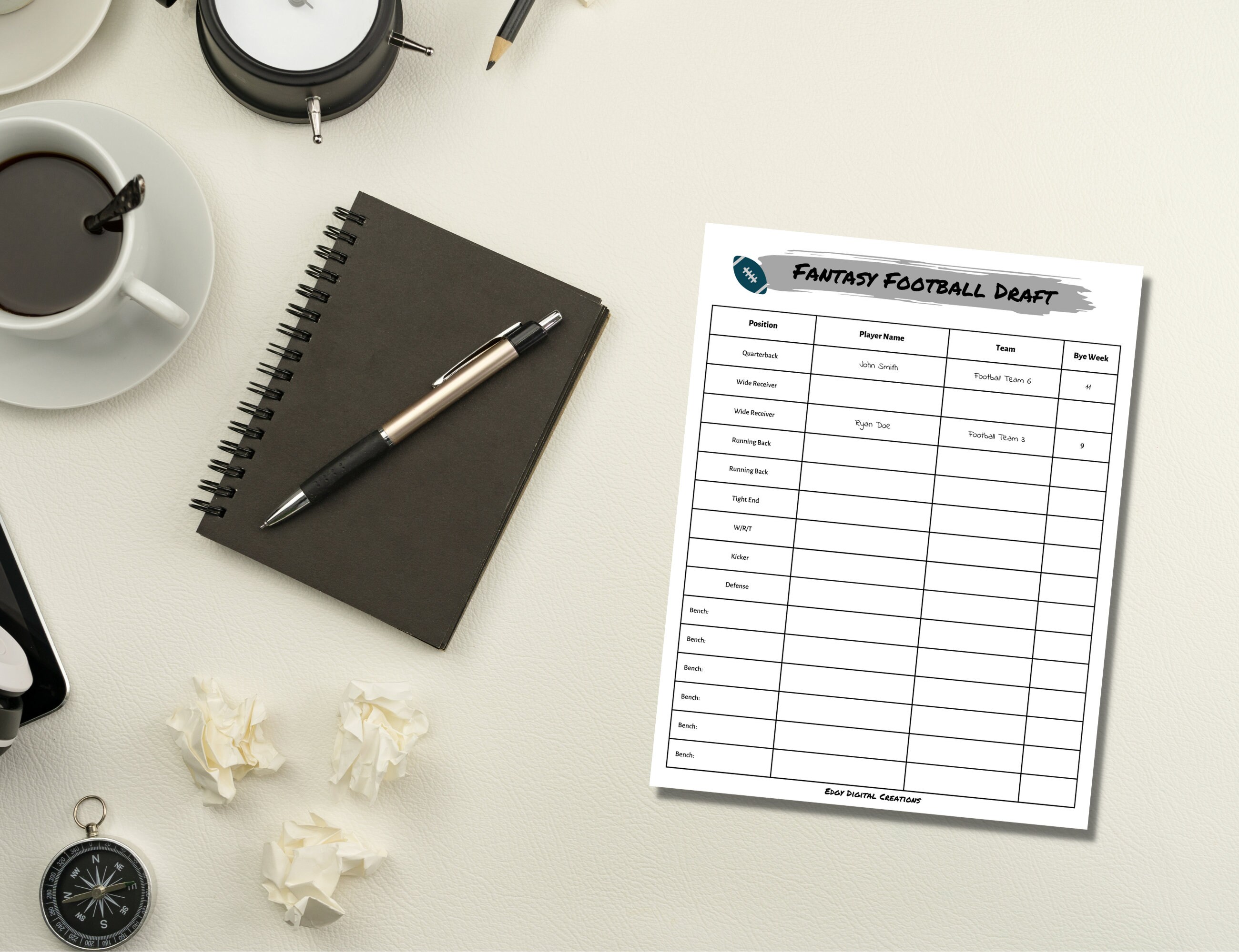 Fantasy Football Draft Sheet, Digital and Printable Draft Sheet, PDF