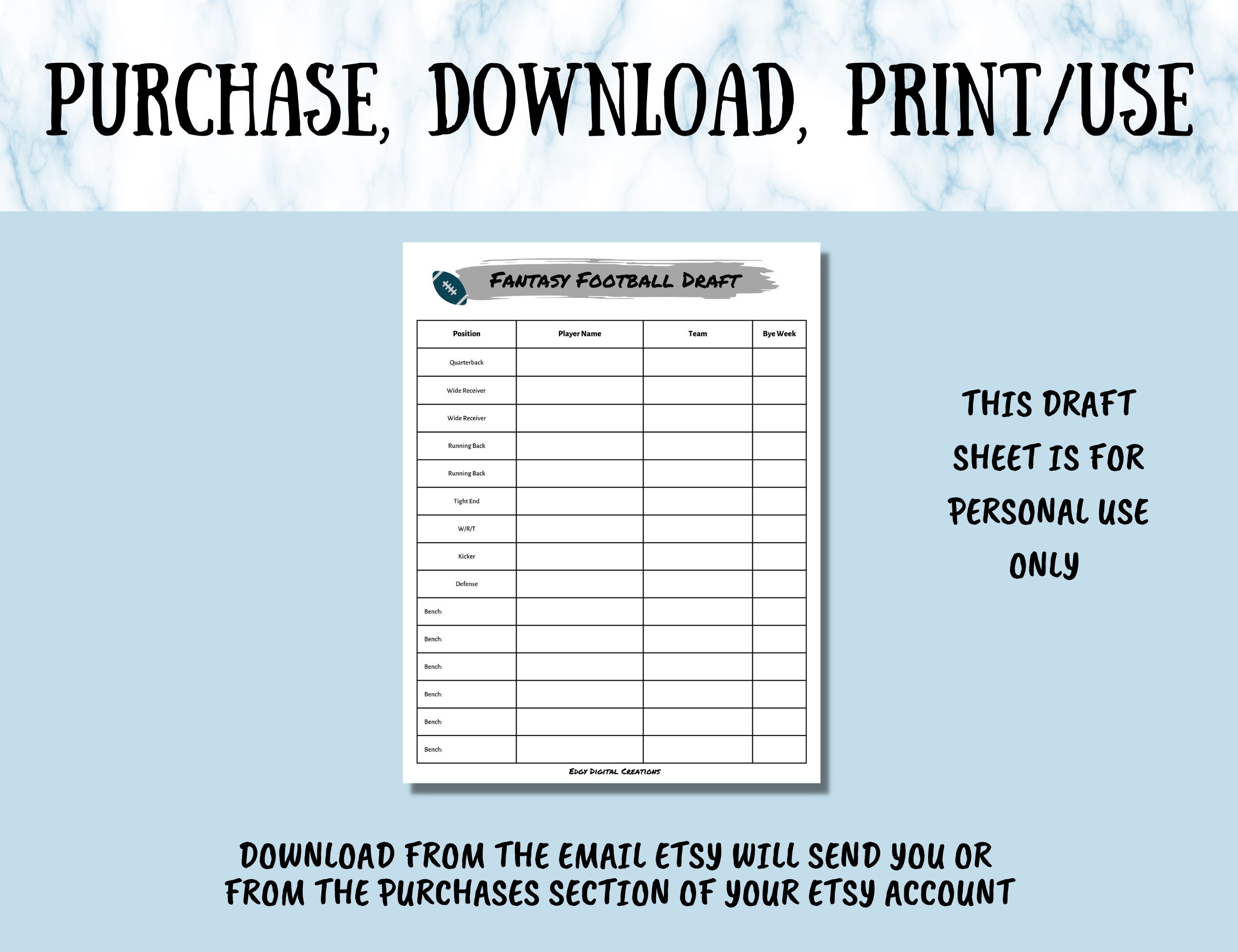 Fantasy Football Draft Sheet, Digital and Printable Draft Sheet, PDF ...