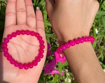 Hot Pink Glass Beaded Bracelet, Handmade Stretch Jewelry