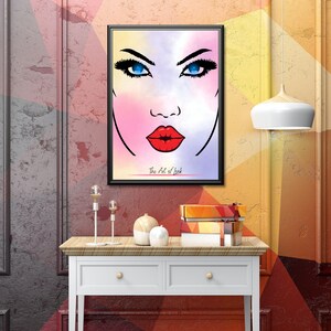 a drawing of a woman&#39;s face with blue eyes, detailed face with red lips, eyes and lips, illustration of to pout, wide lips and kind