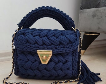 Capriluxury bag,Premium Bag,Handmade Crochet Knitted Bag Premium,Dark blue Shoulder Bag,unique Luxury Bag,wedding party,Bride,Hand Woven Bag