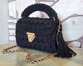 crochet handmade shoulder bag with black color strap, capri luxury bag, hand woven bag, crochet purse, knitted purse, personalized hand bag