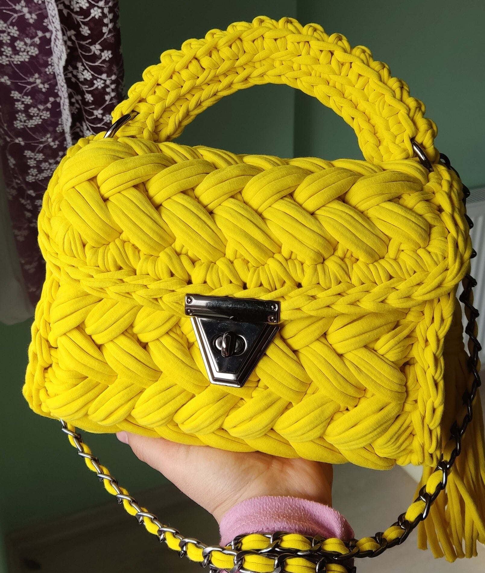 Handmade Crochet Yellow Shoulder Bag: Cotton Yarn Designer Purse