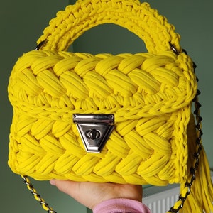 Luxury knit yellow shoulder bag/Personalized crochet designer bag/Premium hand bag/Hand woven bag/Handmade gift for women/Cotton yarn purse
