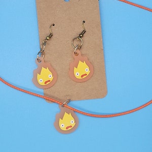 Howl&#39;s Moving Castle Frosted Acrylic Calcifer Dangle Earrings + Cord Necklace