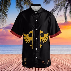May include: A black short-sleeved button-down shirt featuring a gold wing graphic on each side of the front placket. The sleeves have a red band at the cuffs, and the lower portion of the shirt displays small gold butterfly illustrations.