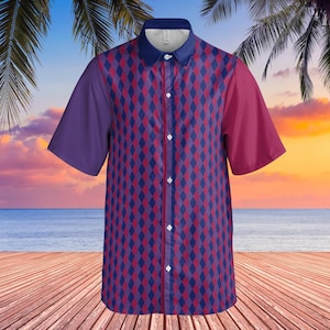 May include: A short-sleeved button-down shirt with a diamond pattern in shades of blue and red. The shirt has a solid purple left sleeve and a solid red right sleeve.