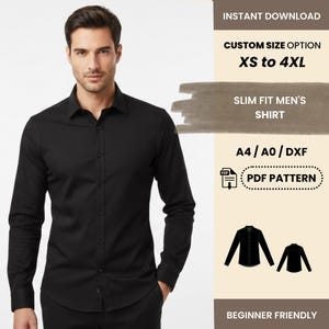 May include: A black, slim-fit shirt with long sleeves. The image includes text that reads "CUSTOM SIZE OPTION XS to 4XL", "SLIM FIT MEN'S SHIRT", and "PDF PATTERN". The design is beginner friendly.