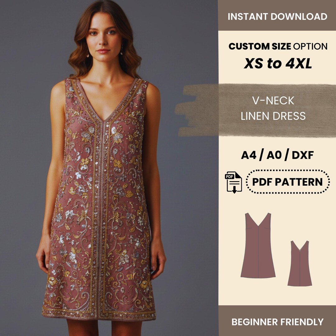 V-neck Linen Dress Sewing Pattern | Sleeveless A-line Dress XS4XL | Easy  Beginner Friendly PDF Pattern - Etsy