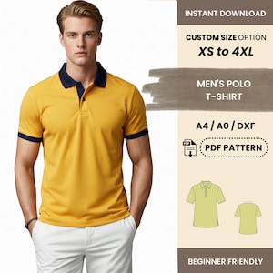 May include: Mustard yellow polo shirt with navy blue collar and sleeve trim. The image includes the text "MEN'S POLO T-SHIRT" and "PDF PATTERN". The shirt is available in sizes XS to 4XL.