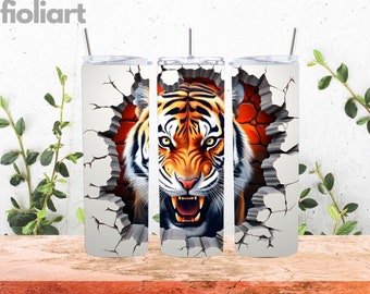 3D Tiger Hole in Wall 20 oz Skinny Tumbler Sublimation Design | Instant Digital Download PNG | Straight Tumbler Wrap