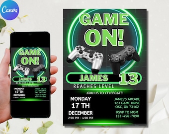 May include: A green and black birthday invitation with a neon green circle around the words "Game On!" and a video game controller. The invitation is for James's 13th birthday party. The party is on Monday, December 17th from 2:00 PM to 4:00 PM at James's Arcade, 123 Game Drive, OKC, OK 73162. RSVP to Mom at 123-456-7890.
