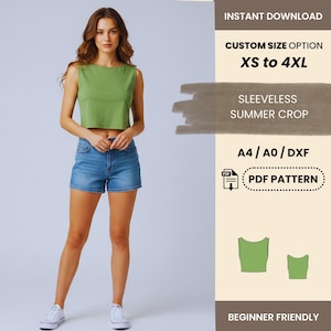 Puede incluir: Un top corto verde sin mangas y pantalones cortos de mezclilla. La imagen incluye texto que dice "DESCARGA INSTANTÁNEA", "OPCIÓN DE TALLA PERSONALIZADA XS a 4XL", "TOP CORTO DE VERANO SIN MANGAS", "A4/A0/DXF", "PATRÓN PDF" y "AMIGABLE PARA PRINCIPIANTES".