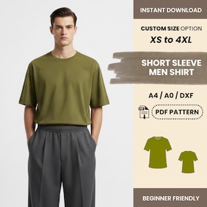 May include: An olive green short-sleeve shirt. The image includes text that says "Instant Download", "Custom Size Option XS to 4XL", "Short Sleeve Men Shirt", "A4/A0/DXF", "PDF Pattern", and "Beginner Friendly".