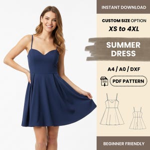 May include: A navy blue summer dress with a sweetheart neckline and spaghetti straps. The dress has a fitted bodice and a flared skirt. Text on the image reads "SUMMER DRESS", "XS to 4XL", and "PDF PATTERN".