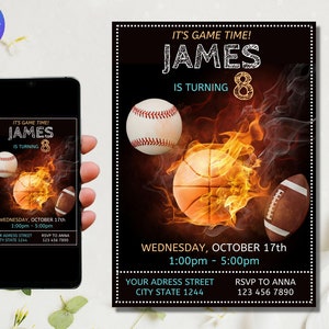 Sport-Geburtstags-Party-Einladung, All STAR SPORTS Baseball, Basketball, Fußball-Geburtstags-Einladung, Sport-Thema einladen, sofortiger Download