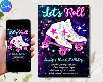 May include: A purple and black birthday invitation with a neon pink and blue "Let's Roll" text. The invitation features a pair of white roller skates with pink wheels and neon pink and green stars on a dark blue background with white stars. The text on the invitation reads "Emily's Third Birthday" with the date, time, and location of the party.