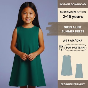 May include: A young girl wearing a sleeveless, emerald green A-line summer dress. The image includes text that reads "INSTANT DOWNLOAD", "CUSTOM SIZE OPTION 2-16 years", "GIRLS A LINE SUMMER DRESS", "A4/A0/DXF", and "PDF PATTERN". The design is described as "BEGINNER FRIENDLY".