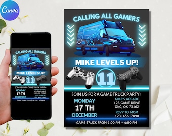 Gamer Truck Birthday Party Invitation, Gaming Truck Invite, Video Game Truck Invitation, Instant Digital Download