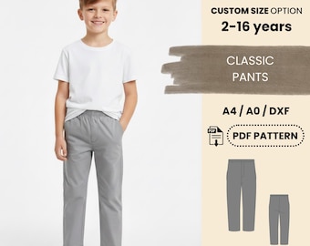 Patrón de costura para pantalones clásicos en PDF / Pantalones con cintura elástica para niños de 2 a 16 años / Patrón PDF fácil y práctico para principiantes