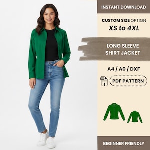 以下が含まれることがあります： 黒いトップスと青いジーンズの上に、緑色の長袖シャツジャケットを着た女性。画像には「INSTANT DOWNLOAD」、「CUSTOM SIZE OPTION XS to 4XL」、「LONG SLEEVE SHIRT JACKET」、「PDF PATTERN」というテキストが含まれています。