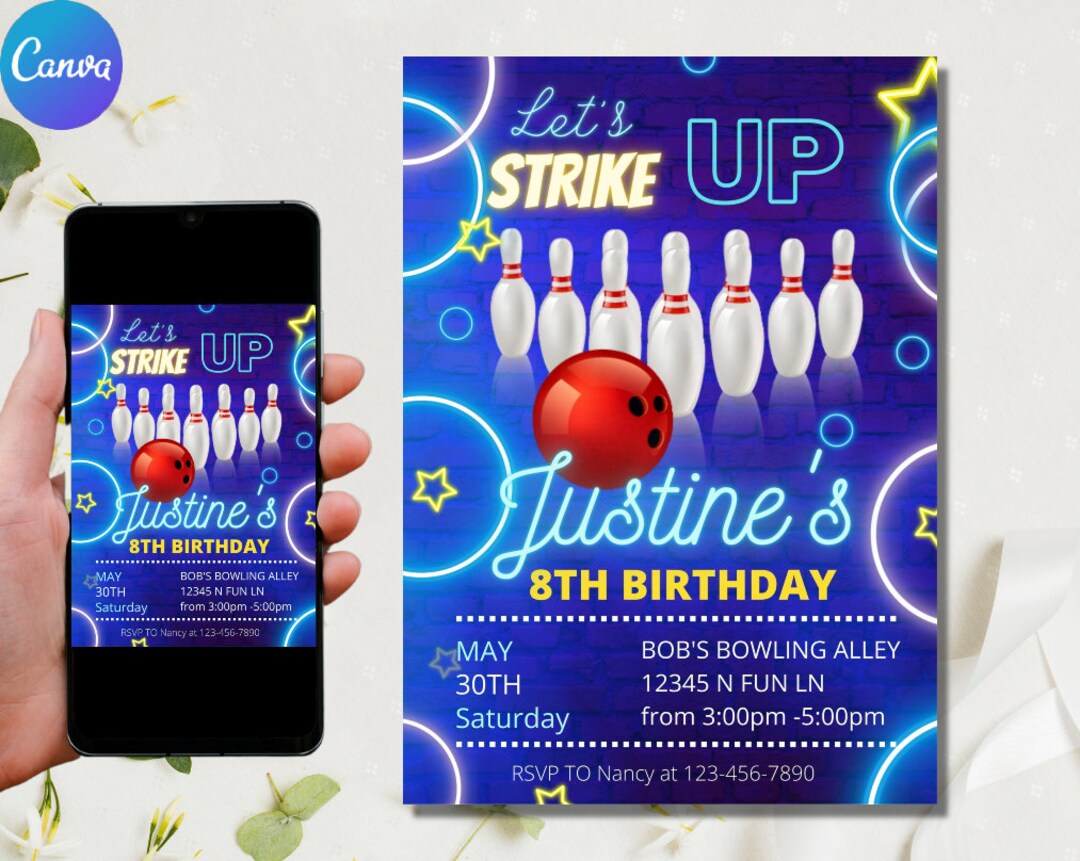 Editable Bowling Birthday Party Invitation Boy Bowling Invite Let's