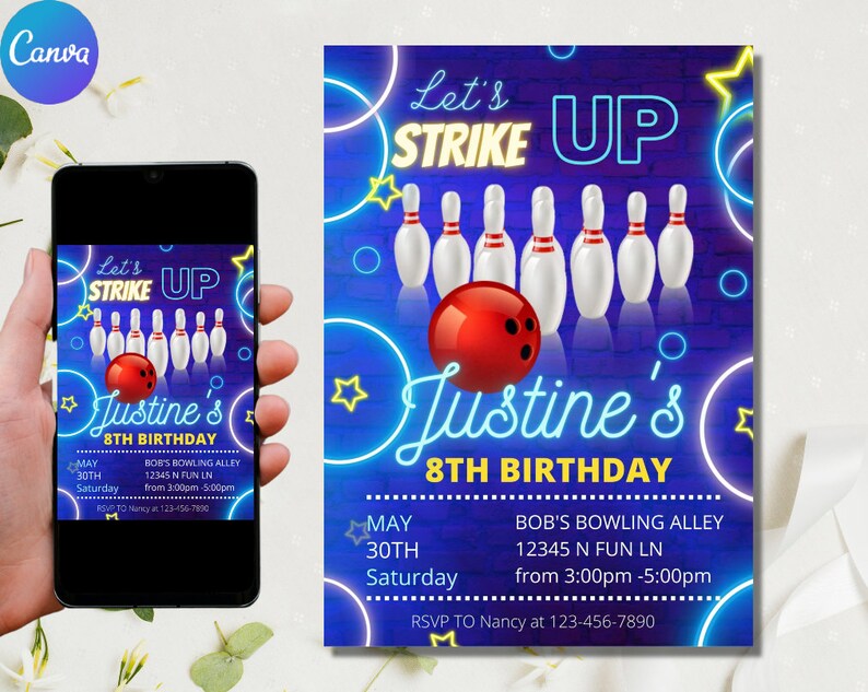 Editable Bowling Birthday Party Invitation Boy Bowling Invite Let's