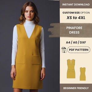 May include: A mustard yellow pinafore dress with a V-neck and two front pockets. The dress is worn over a white turtleneck. Text on the image reads "INSTANT DOWNLOAD", "CUSTOM SIZE OPTION XS to 4XL", "PINAFORE DRESS", "A4/A0/DXF", "PDF PATTERN", and "BEGINNER FRIENDLY".