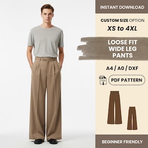 Puede incluir: Una persona con una camiseta gris y pantalones anchos color beige. La imagen incluye texto que dice "DESCARGA INSTANTÁNEA", "OPCIÓN DE TALLA PERSONALIZADA XS a 4XL", "PANTALONES DE PIERNA ANCHA SUELTOS", "PATRÓN PDF" y "PARA PRINCIPIANTES".
