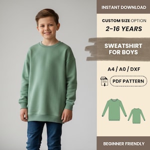 Peut inclure: Un jeune garçon porte un sweat-shirt vert sauge et un jean bleu. L'image comprend le texte "SWEATSHIRT FOR BOYS" et "2-16 YEARS". L'image comprend également un patron PDF pour le sweat-shirt.