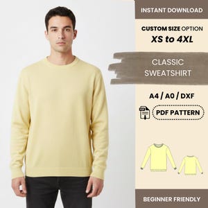 Può includere: Una classica felpa giallo chiaro. L'immagine include il testo "DOWNLOAD IMMEDIATO", "OPZIONE TAGLIA PERSONALIZZATA XS a 4XL", "FELPA CLASSICA", "A4/A0/DXF", "MODELLO PDF" e "ADATTO AI PRINCIPIANTI".