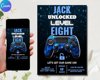 May include: A blue and black video game controller with a lock icon on the front. The text "Jack Unlocked Level Eight" is in blue and white on a black background. The text "Let's Get Our Game On!" is in white on a blue background. The text "RSVP to Emily at 123-456-7890" is in white on a black background. The text "Sunday March 13" is in white on a blue background. The text "2:00 to 4:00 PM 100 Magical Drive Boston 5678" is in white on a black background.