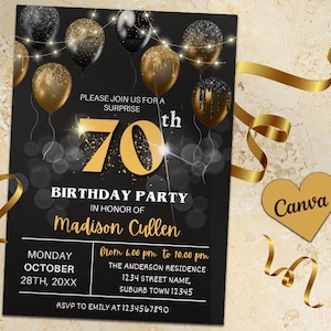 70th Birthday Invitation | SEVENTY Party | Black Gold Glitter | DIGITAL Editable Invite | Instant Download