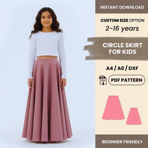 May include: A young person wearing a white long-sleeve crop top and a dusty rose circle skirt. The image includes text that reads "CIRCLE SKIRT FOR KIDS" and "PDF PATTERN". The pattern is for sizes 2-16 years.