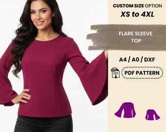 Flare Sleeve Top PDF Sewing Pattern | Women's Round Neck Bell Sleeve Blouse XS–4XL | Easy Beginner Friendly PDF Pattern
