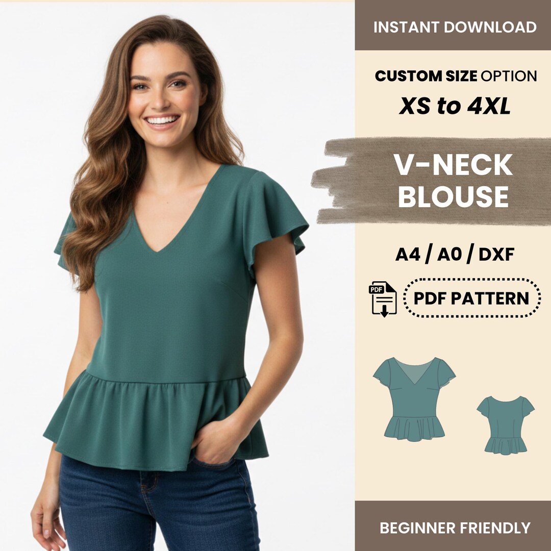 V-neck Peplum Blouse Sewing Pattern | Flutter Sleeve Women’s Top XS–4XL ...